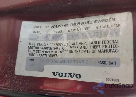 1989 Volvo 740 Gl из США, поврежденный, VIN YV1FX8858K1235452